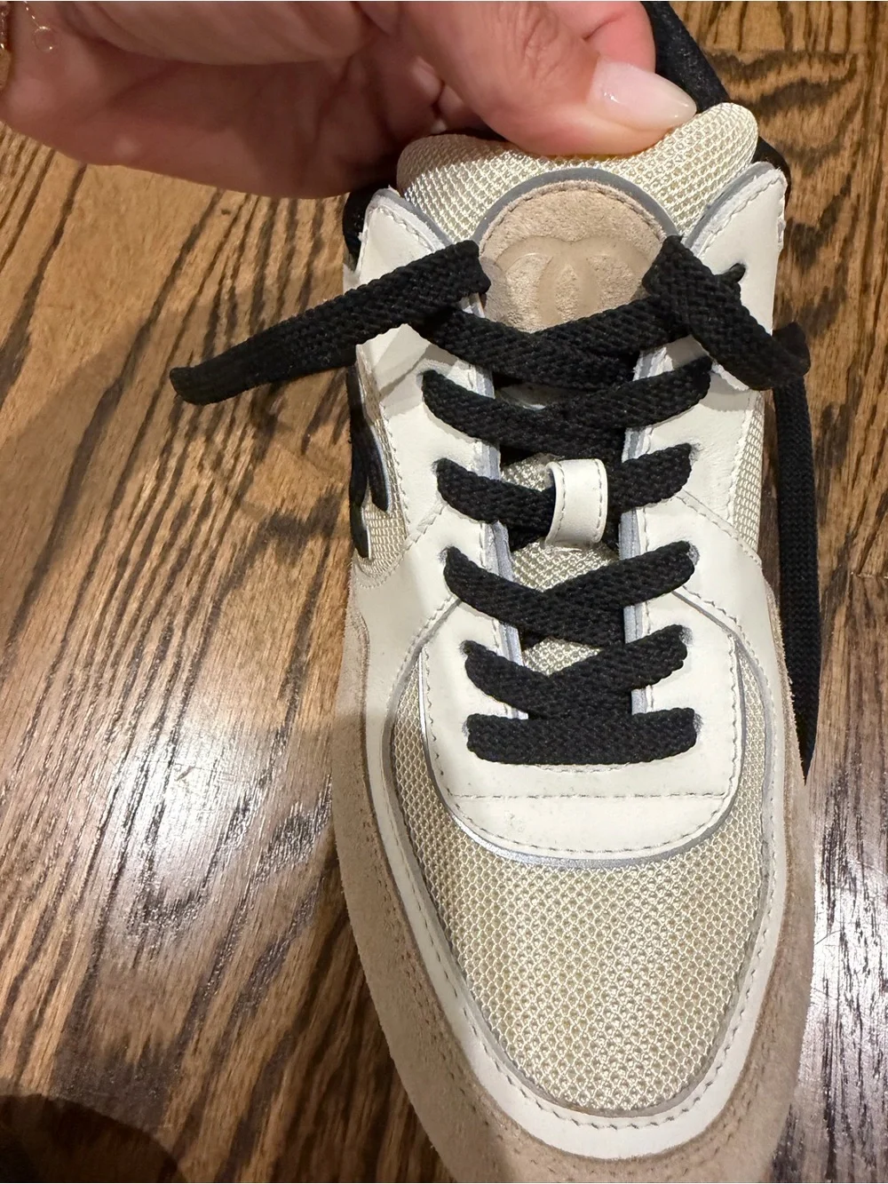 CHANEL Black, White & Beige CC Logo Lace-Up Sneakers
